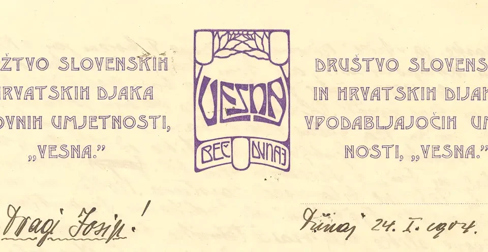 Pisemski papir umetniškega društva Vesna iz leta 1904 z znakom društva in slovenskim ter hrvaškim napisom