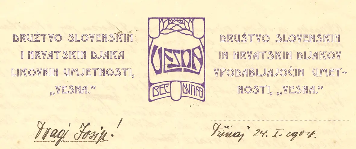 Pisemski papir umetniškega društva Vesna iz leta 1904 z znakom društva in slovenskim ter hrvaškim napisom