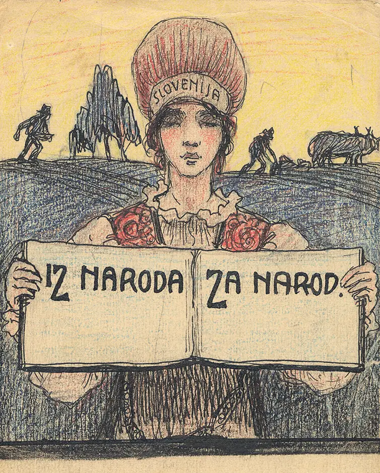 Ilustracija Maksima Gasparija z dekletom, napisom Slovenija in geslom Iz naroda za narod