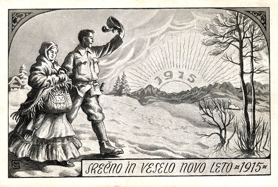 Razglednica Maksima Gasparija iz serije Vojska v slikah z vojakom, žensko in novoletnim voščilom za leto 1915